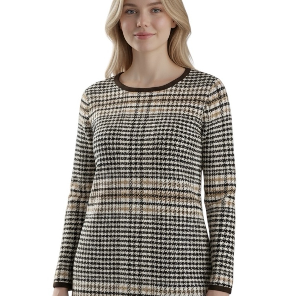 ANN TAYLOR PULLOVER Plaid ROUND CREW NECK Long Sleeve BROWN KNIT Top M